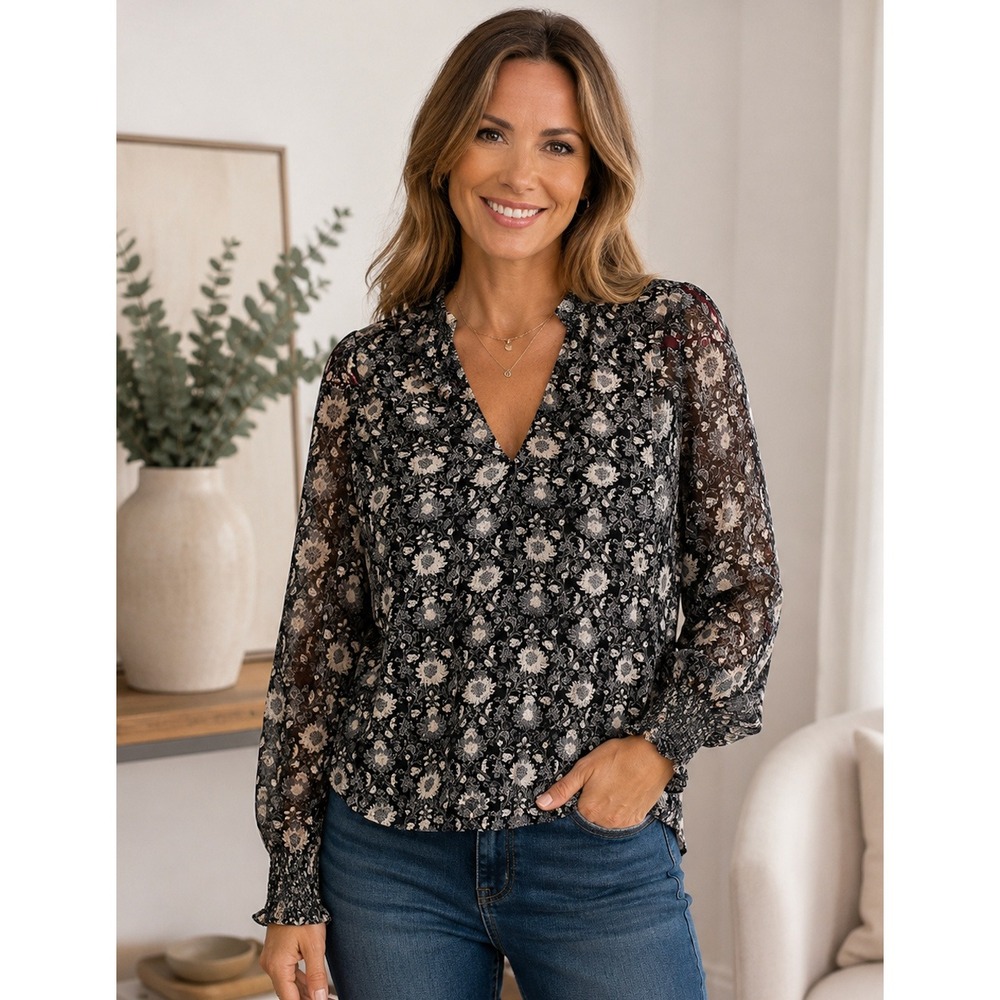 Lucky Brand Black Floral Smocked Cuff V Neck Blouse Womens Medium